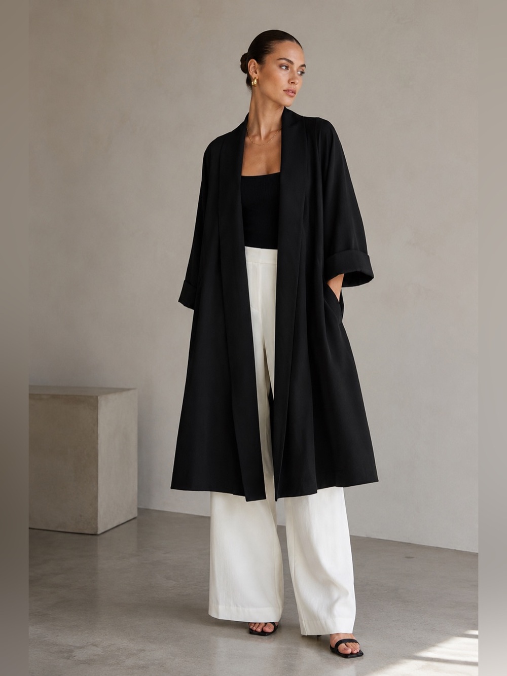 Handmade Sculptural Swing Coat | Black Opera Coat | Quiet Luxury Layer